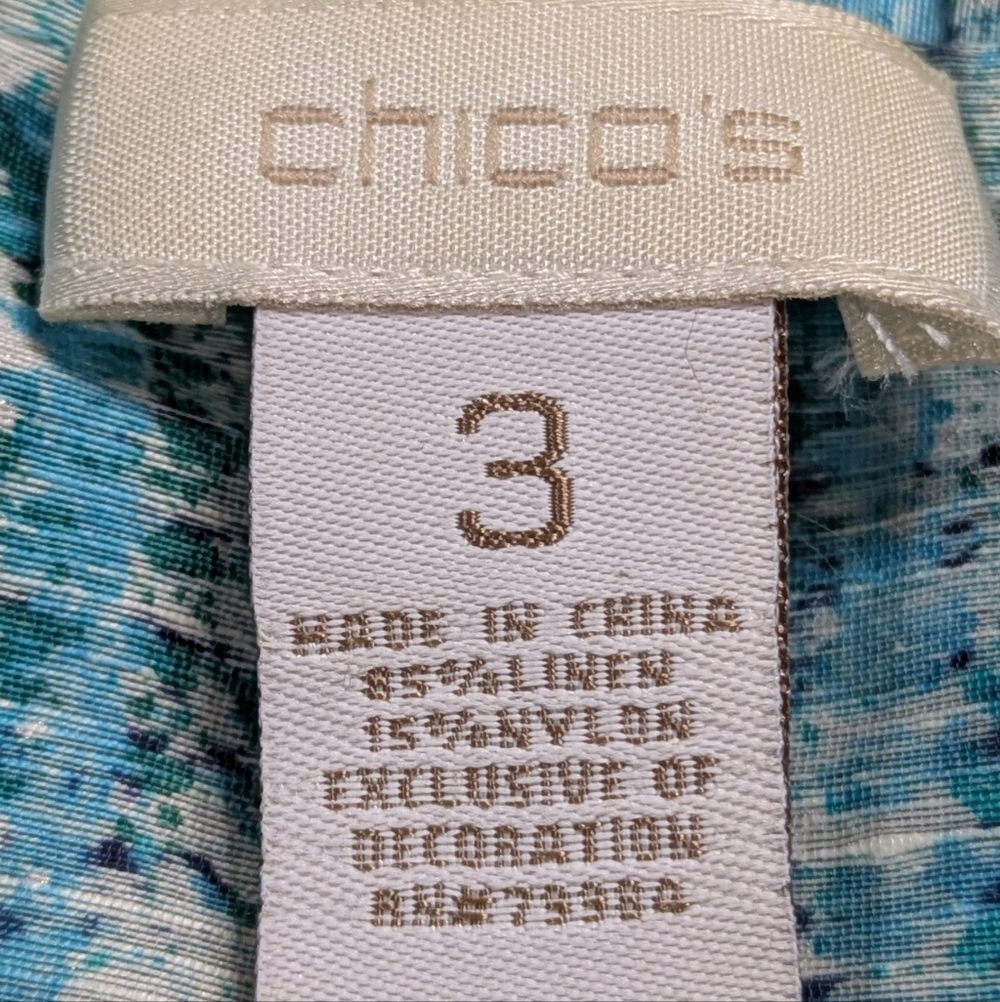 Chicos Blue White Beaded Neckline Open Cover Up Linen Blend Cardigan XL - Picture 6 of 8